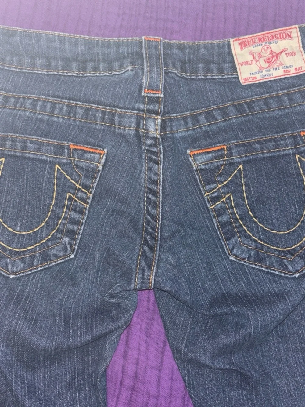 True Religion Women's Dark Blue Denim Jeans with Red Logo Patch